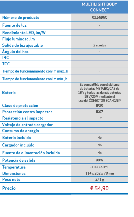 ,MULTILIGHT BODY CONNECT,N mero de producto,03.5696C,Fuente de luz, ,Rendimiento LED, lm/W, ,Flujo luminoso, lm, ,Sal...