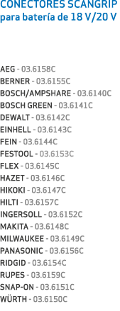CONECTORES SCANGRIP para bater a de 18 V/20 V AEG 03.6158C BERNER 03.6155C BOSCH/AMPSHARE 03.6140C BOSCH GREEN 03.614...