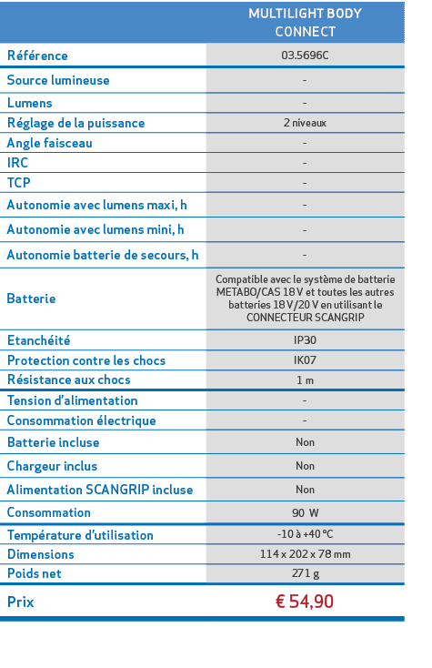 ,MULTILIGHT BODY CONNECT,R f rence,03.5696C,Source lumineuse, ,Lumens, ,R glage de la puissance,2 niveaux,Angle faisc...