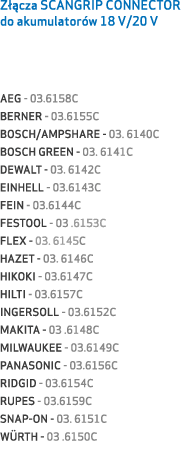 Z cza SCANGRIP CONNECTOR do akumulator w 18 V/20 V AEG 03.6158C BERNER 03.6155C BOSCH/AMPSHARE 03. 6140C BOSCH GREEN...