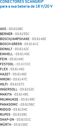 CONECTORES SCANGRIP para a sua bateria de 18 V/20 V AEG 03.6158C BERNER 03.6155C BOSCH/AMPSHARE 03.6140C BOSCH GREEN ...