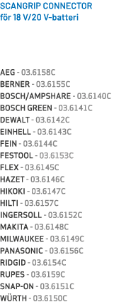 SCANGRIP CONNECTOR f r 18 V/20 V batteri AEG 03.6158C BERNER 03.6155C BOSCH/AMPSHARE 03.6140C BOSCH GREEN 03.6141C DE...