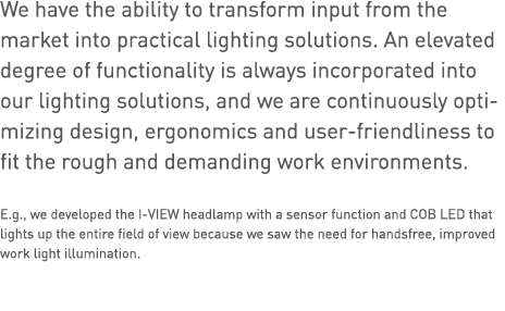 We have the ability to transform input from the market into practical lighting solutions  An elevated degree of funct   