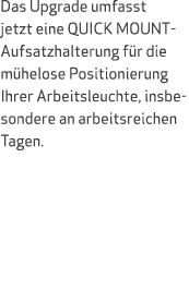 Das Upgrade umfasst jetzt eine QUICK MOUNT Aufsatzhalterung f r die m helose Positionierung Ihrer Arbeitsleuchte, ins...