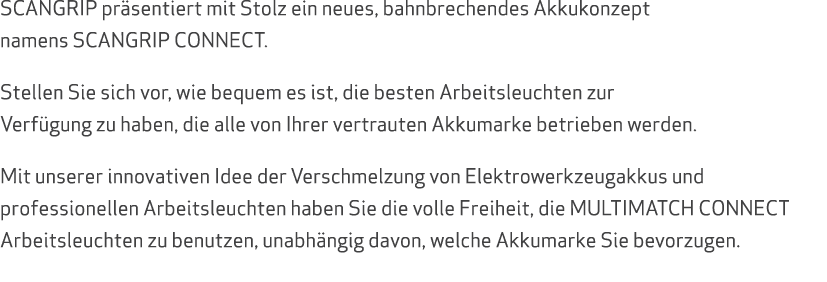 SCANGRIP pr sentiert mit Stolz ein neues, bahnbrechendes Akkukonzept namens SCANGRIP CONNECT. Stellen Sie sich vor, w...