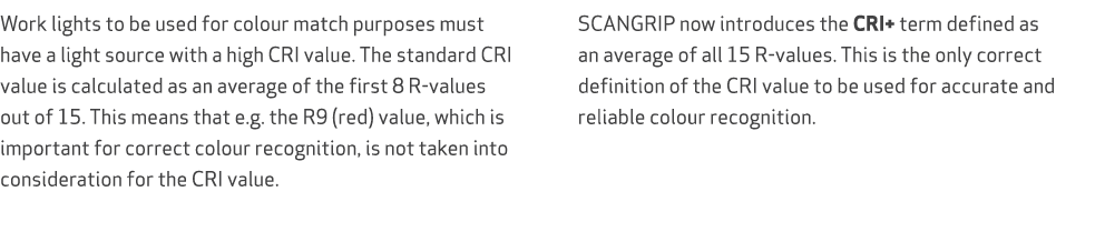 Work lights to be used for colour match purposes must have a light source with a high CRI value. The standard CRI val...