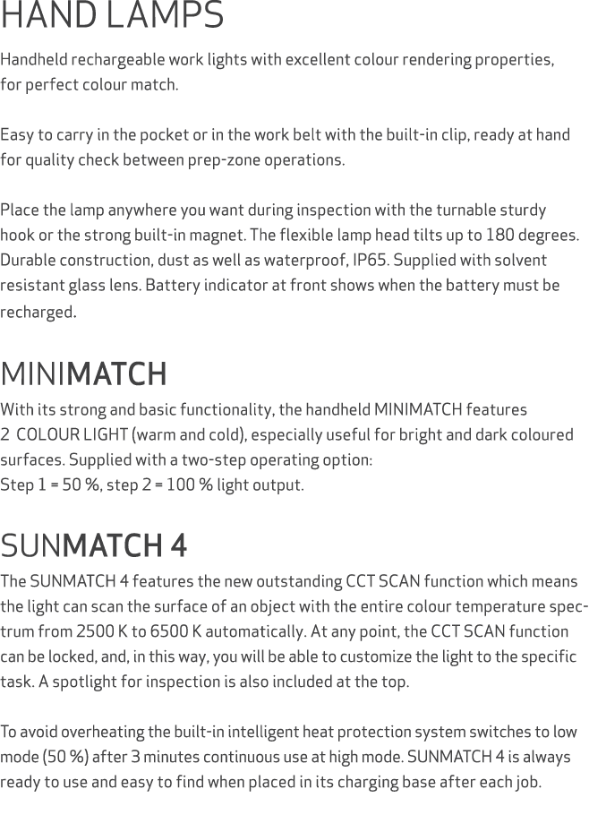 HAND LAMPS Handheld rechargeable work lights with excellent colour rendering properties, for perfect colour match. Ea...