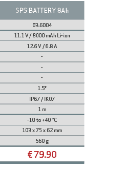 SPS BATTERY 8Ah,03.6004,11.1 V / 8000 mAh Li ion,12.6 V / 6.8 A, , , ,1.5*,IP67 / IK07,1 m, 10 to +40 °C,103 x 75 x 6...