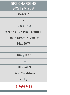 SPS CHARGING SYSTEM 50W,03.6007, ,12.6 V / 4 A,5 m / 2 x 0,75 mm2 H05RN F,100 240 V AC 50/60 Hz,Max 50 W, ,IP67 / IK0...