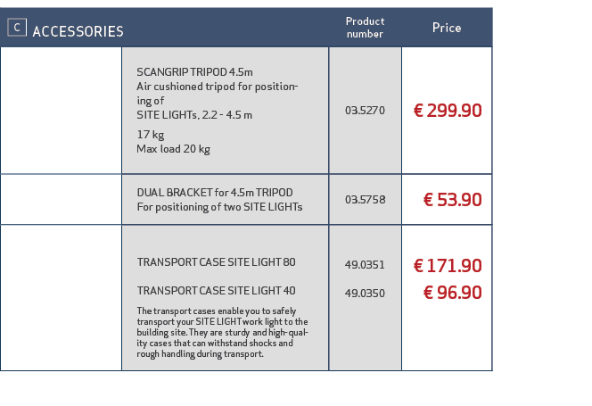 ￼ ACCESSORIES,Product number,Price,,SCANGRIP TRIPOD 4.5m Air cushioned tripod for positioning of SITE LIGHTs, 2.2 4.5...