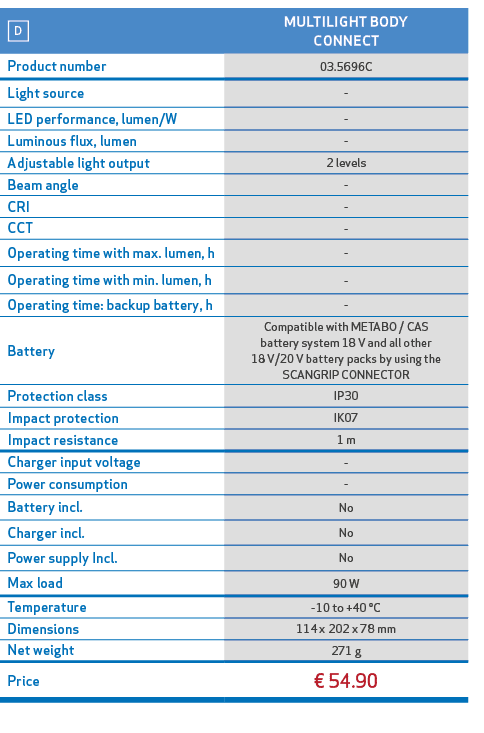 ￼,MULTILIGHT BODY CONNECT,Product number,03.5696C,Light source, ,LED performance, lumen/W, ,Luminous flux, lumen, ,Ad...
