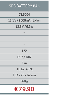 SPS BATTERY 8Ah,03.6004,11.1 V / 8000 mAh Li ion,12.6 V / 6.8 A, , , ,1.5*,IP67 / IK07,1 m, 10 to +40 °C,103 x 75 x 6...