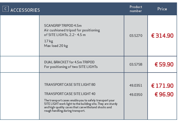 ￼ ACCESSORIES,Product number,Price,,SCANGRIP TRIPOD 4.5m Air cushioned tripod for positioning of SITE LIGHTs, 2.2 4.5...