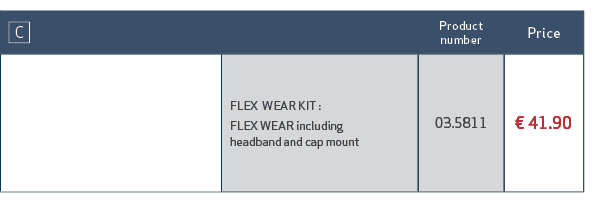 ￼,Product number,Price ,,FLEX WEAR KIT : FLEX WEAR including headband and cap mount,03.5811,€ 41.90