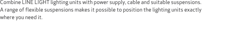 Combine LINE LIGHT lighting units with power supply, cable and suitable suspensions. A range of flexible suspensions ...