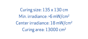 Curing size: 135 x 130 cm Min. irradiance: 6 mW/cm2 Center irradiance: 18 mW/cm2 Curing area: 13000 cm2
