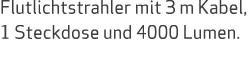 Flutlichtstrahler mit 3 m Kabel, 1 Steckdose und 4000 Lumen.