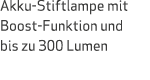 Akku Stiftlampe mit Boost Funktion und bis zu 300 Lumen 