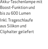 Akku Taschenlampe mit Boost Funktion und bis zu 600 Lumen Inkl. Trageschlaufe aus Silikon und Cliphalter geliefert 