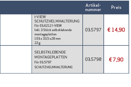 ,Artikelnummer,Preis ,,I VIEW SCHUTZHELMHALTERUNG F r 03.6212 I VIEW Inkl. 3 St ck selbsklebende montageplatten 103 x...