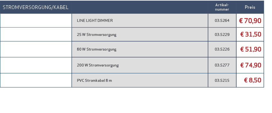 STROMVERSORGUNG/KABEL,,Artikel nummer,Preis,,LINE LIGHT DIMMER,03.5264,€ 70,90,,25 W Stromversorgung ,03.5229,€ 31,50...