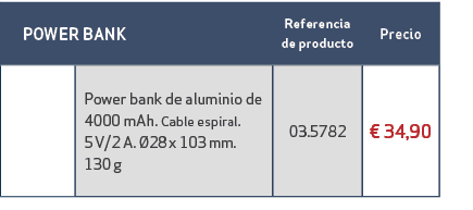  POWER BANK,Referencia de producto,Precio ,,Power bank de aluminio de 4000 mAh. Cable espiral. 5 V/2 A. 28 x 103 mm....