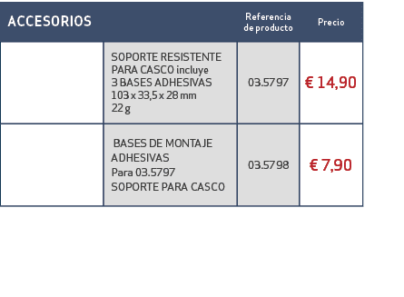 Accesorios,Referencia de producto,Precio ,,SOPORTE RESISTENTE para casco incluye 3 bases adhesivas 103 x 33,5 x 28 mm...