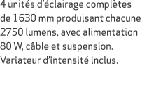 4 unit s d’ clairage compl tes de 1630 mm produisant chacune 2750 lumens, avec alimentation 80 W, c ble et suspension...