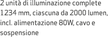 2 unit di illuminazione complete 1234 mm, ciascuna da 2000 lumen, incl. alimentazione 80W, cavo e sospensione