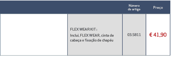 ,N mero do artigo,Pre o ,,FLEX WEAR KIT : Inclui, FLEX WEAR, cinta de cabe a e fixa o de chap u,03.5811,€ 41,90