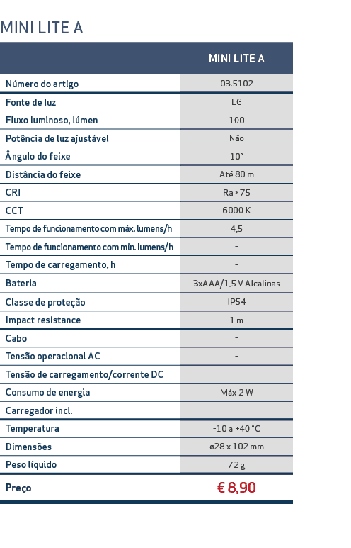 ￼,MINI LITE A,N mero do artigo,03.5102,Fonte de luz,LG,Fluxo luminoso, l men,100,Pot ncia de luz ajust vel,N o, ngulo...