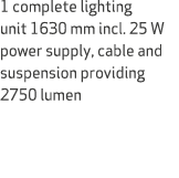 1 complete lighting unit 1630 mm incl. 25 W power supply, cable and suspension providing 2750 lumen