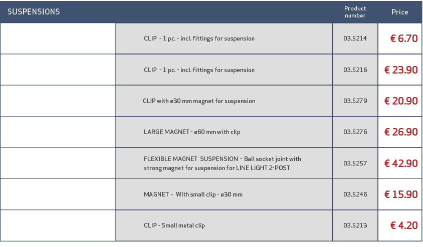  SUSPENSIONS,,Product number,Price,, CLIP 1 pc. incl. fittings for suspension,03.5214,€ 6.70,, CLIP 1 pc. incl. fitti...