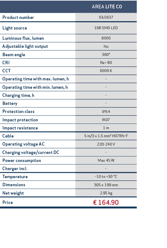 , AREA LITE CO,Product number,03.5637,Light source,168 SMD LED,Luminous flux, lumen,6000,Adjustable light output,No,B...