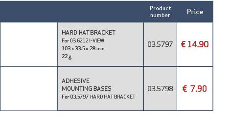 ,Product number,Price ,,HARD HAT BRACKET For 03.6212 I VIEW 103 x 33.5 x 28 mm 22 g,03.5797,€ 14.90,,ADHESIVE MOUNTI...